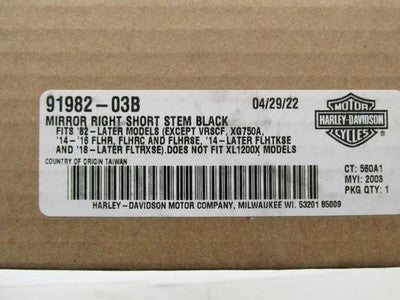 Harley Davidson Genuine NOS Right Mirror Short Stem Black 91982-03B