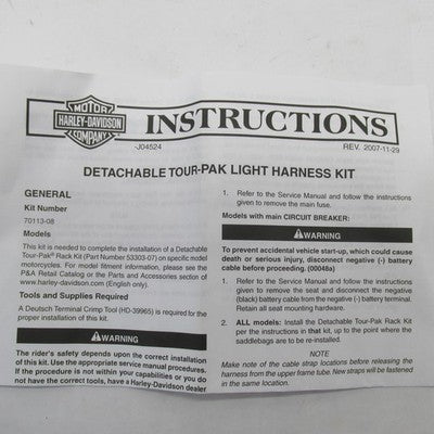 Harley-Davidson OEM NOS Tour-Pak Light Harness Kit w/ Hardware 70113-0