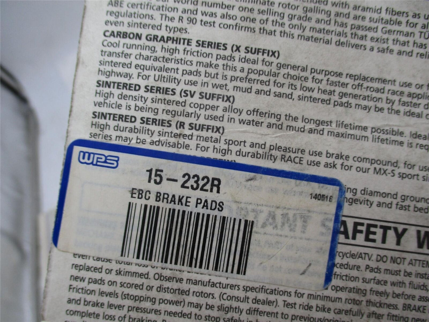 Set of NOS EBC Motorcycle Brake Pads FA232R 15-232R