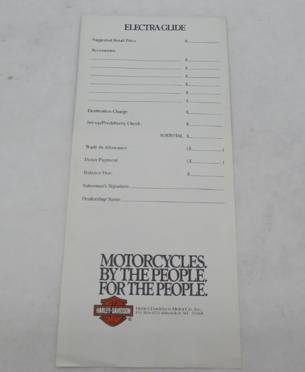 Harley Davidson Genuine Electra Glide Dealer Sticker Tearaway Price Sheet