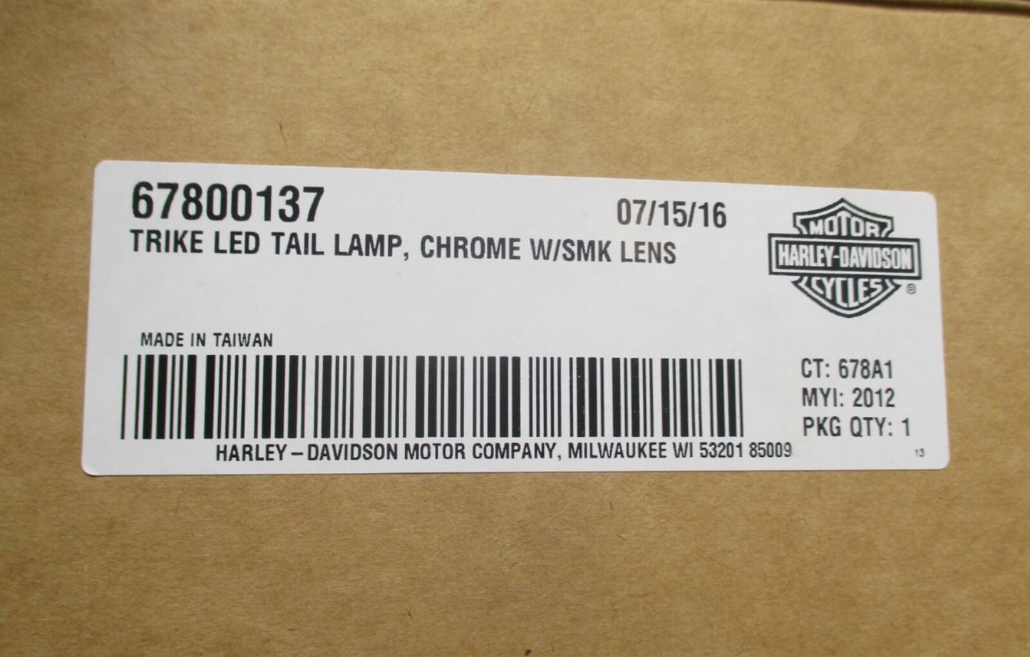 Harley Davidson Trike Led Taillight Lamp Chrome with Smoke Lens 67800137