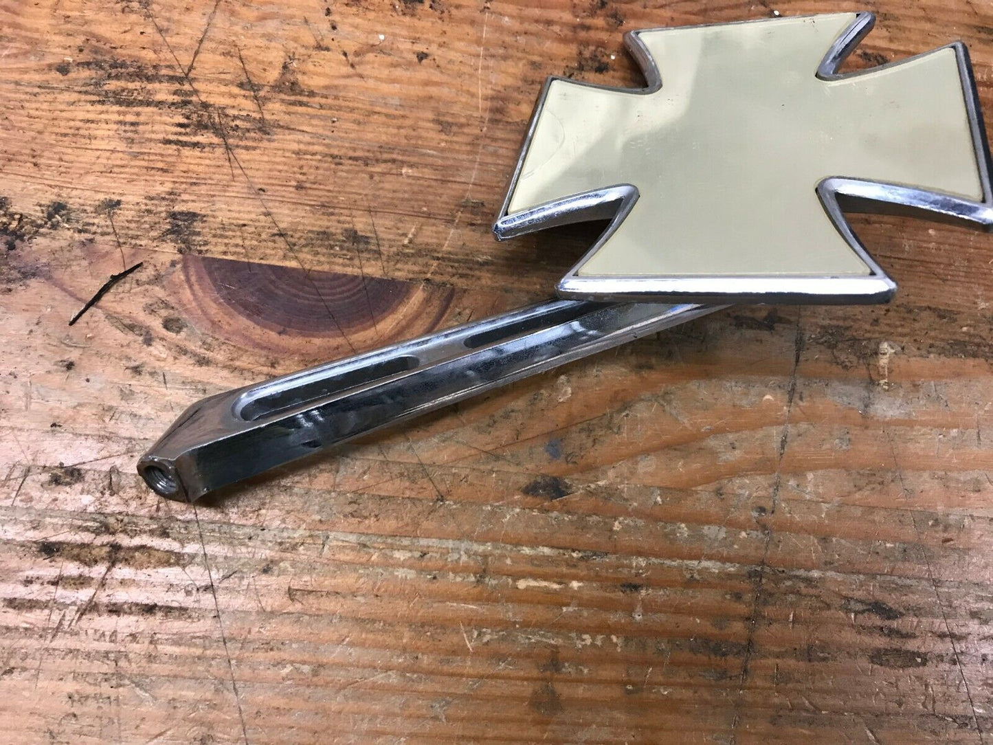 Chrome Maltese Mirror Slotted Stem Right Side Harley Used Old School Patina