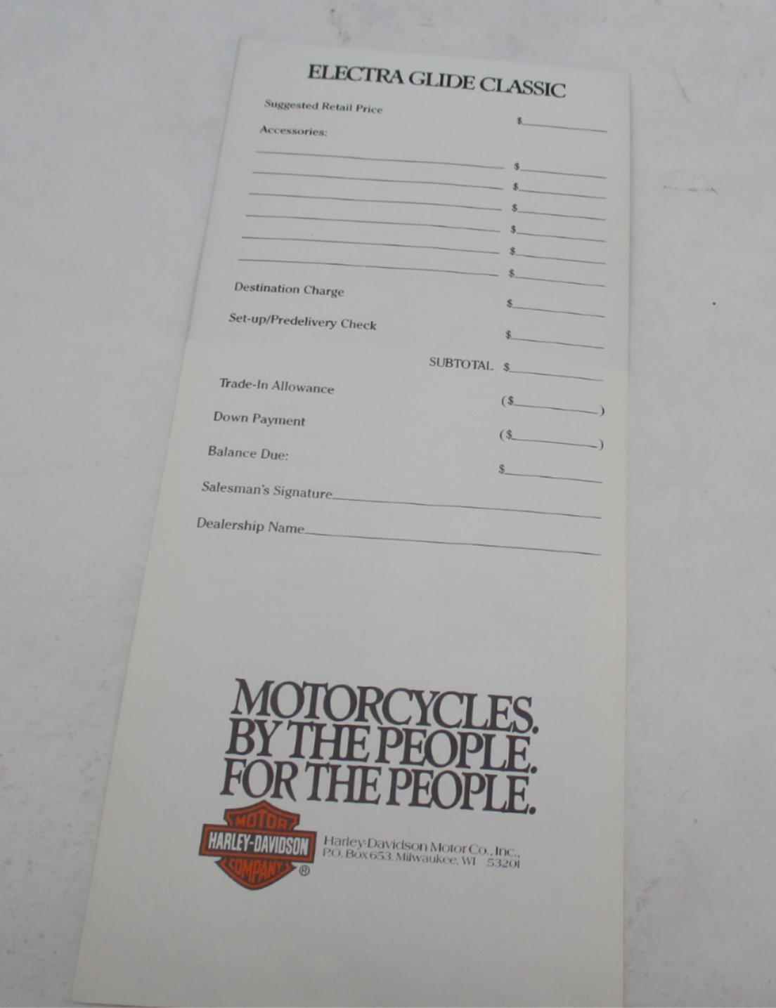 Harley Genuine Electra Glide Classic Dealer Sticker Tearaway Price Sheet
