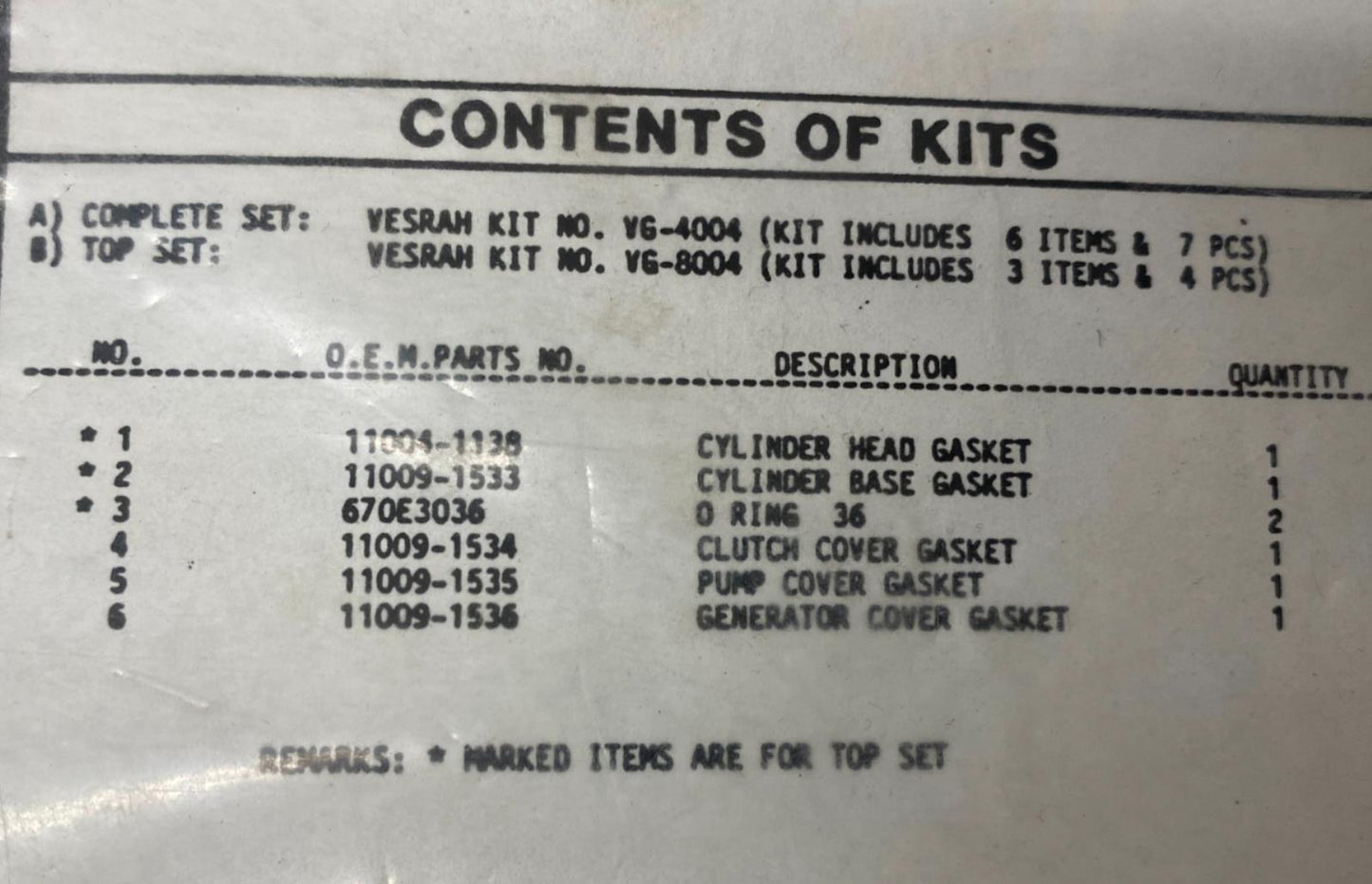 Vesrah VG-4004 8004 KX80 86-87 Gasket Set