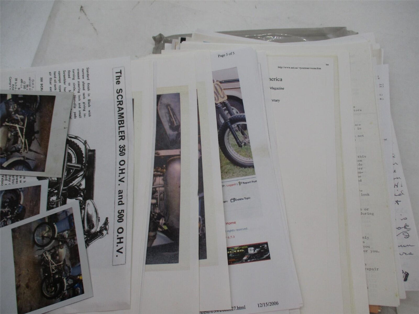 Lot of Velocette Scrambler Technical Literature Photocopies with Polaroids