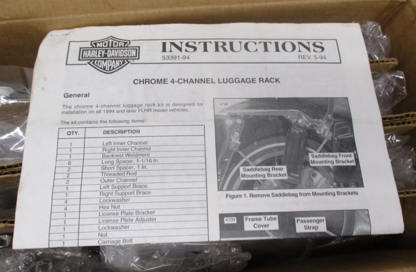 Harley Davidson Genuine NOS 94+ FLHR Chrome 4-Channel Luggage Rack 53391-94