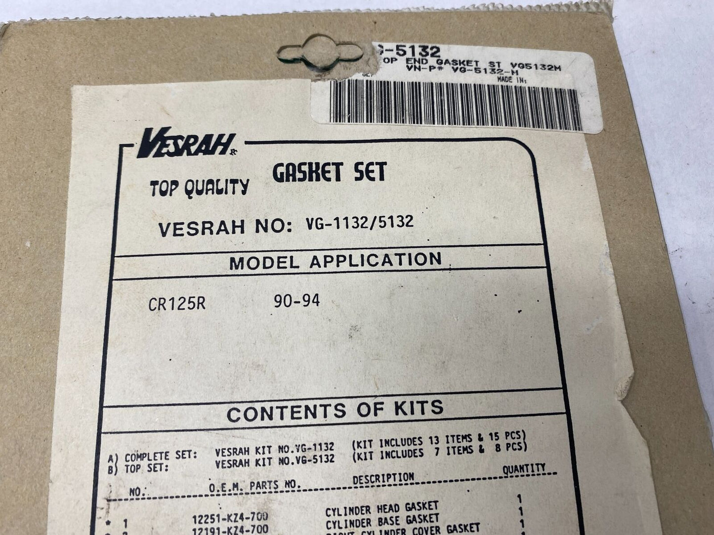 Vesrah VG-1132 5132 CR125R 90-94 Top End Gasket Kit