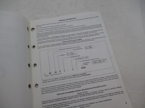 Harley Buell 2003 Lightning Low XB9SL Parts Catalog Supplement 99671-0