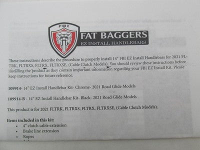 Fat Baggers NOS NIB 14" Black EZ Install Handlebar Kit 2021-23 Touring