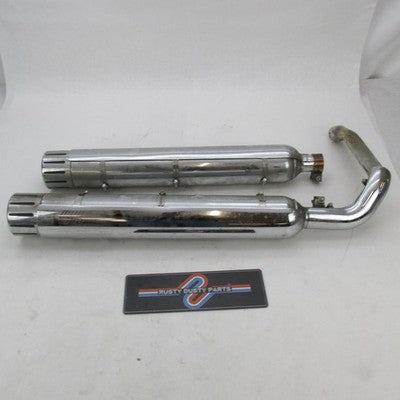 Pair of Harley Chrome Mufflers w/ Crossover Pipe+Tips/Sheilds 64900112