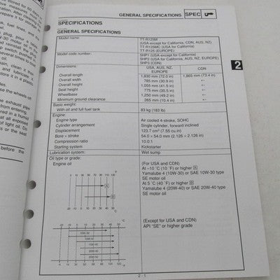 Yamaha OEM Service Manual TT-R125M/TT-125MC LIT-11626-13-47 5HP-28199-