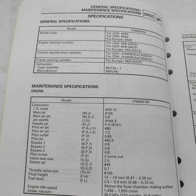 Yamaha OEM YFM350FX Service Manual LIT-11616-FX-35 LIT-11616-09-58