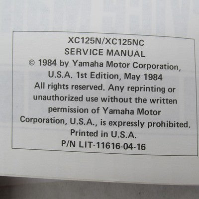 Yamaha 1985/1985 XC125N NC Service Manual LIT-11616-04-16