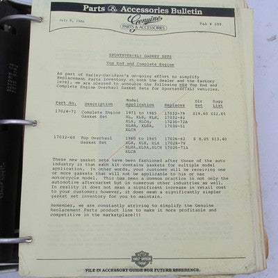 Harley Davidson 1974-1986 Accessory Bulletins Binder Manual
