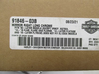 Harley Davidson Genuine NOS NIB Right Mirror Long Chrome 91846-03B