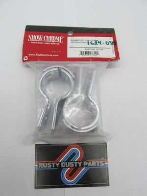 Pair of Show Chrome Round 3 Piece 1-1/4" 1.25" Clamps 3/8" Mount Hole