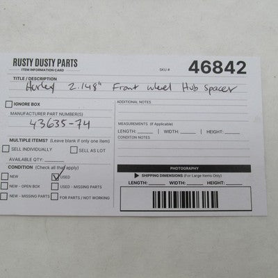 Harley Davidson OEM 2.148" Front Wheel Bearing Hub Spacer Repl. 43655-