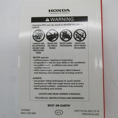 Honda 2022 Official TRX420 FourTrax Rancher ATV Series Owner's Manual