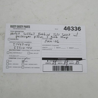 Harley OEM Solo Seat w/ Passenger Pillion + Grab Strap 00-06 51467-00