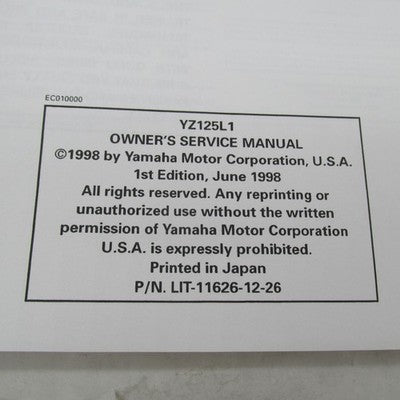 Yamaha YZ125L1 Owners Service Manual Operator Guide LIT-11626-12-26 5E