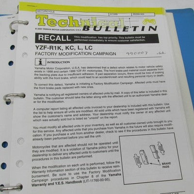 Vintage 1998-2000 Yamaha YZF-R1 YZF-R6 Motorcycle Tech Service Bulleti
