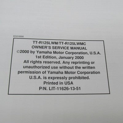 Yamaha OEM 2000 Service Manual TT-R125LWM TT-RLWMC LIT-11626-13-51 5HP