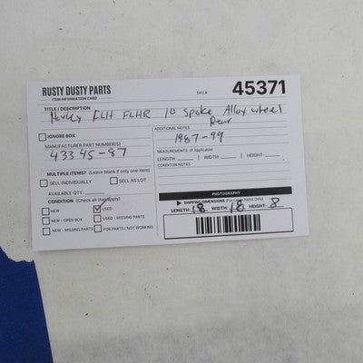 Harley OEM 87-99 EVO Touring 10-Spoke 16x3 Castalloy Black Rear Wheel
