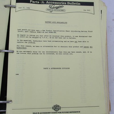 Harley Davidson 1974-1986 Accessory Bulletins Binder Manual