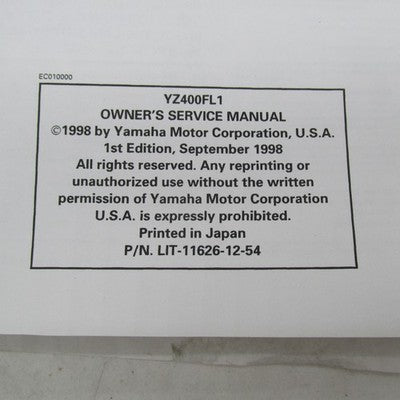 Yamaha OEM 1998 YZ400FL1 Owner's Service Manual LIT-11626-12-54
