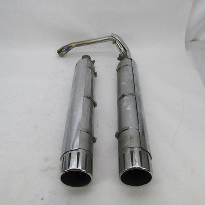 Pair of Harley Chrome Mufflers w/ Crossover Pipe+Tips/Sheilds 64900112