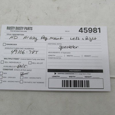 Pair of Harley Davidson Hiway Peg Mounts Left & Right 78-84 Sportster