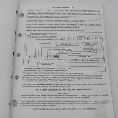 Harley Davidson Official Factory 2003 Softail Models Parts Catalog 994