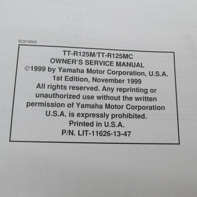 Yamaha OEM Service Manual TT-R125M/TT-125MC LIT-11626-13-47 5HP-28199-