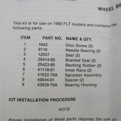 Harley OEM NOS Wheel Bearing Rebuild Kit Missing Sprocket FLT 93344 41