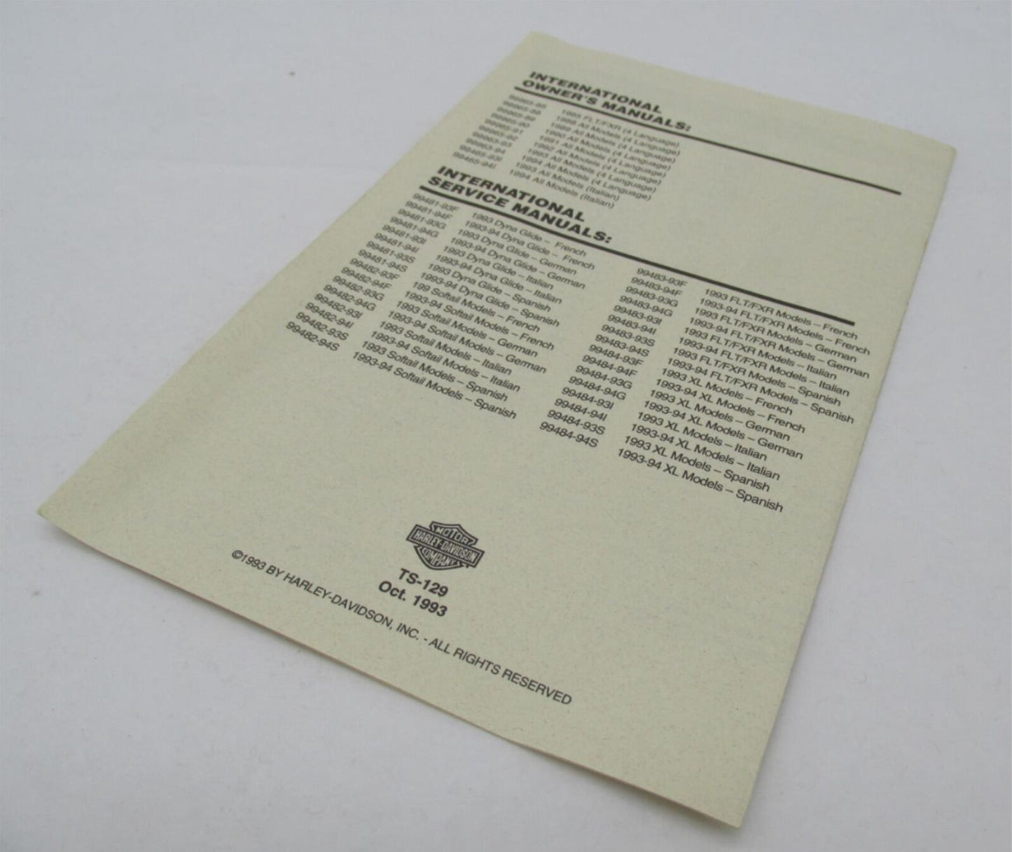 Harley-Davidson Genuine 1903-Present Technical Motorcycle Literature List TS-129
