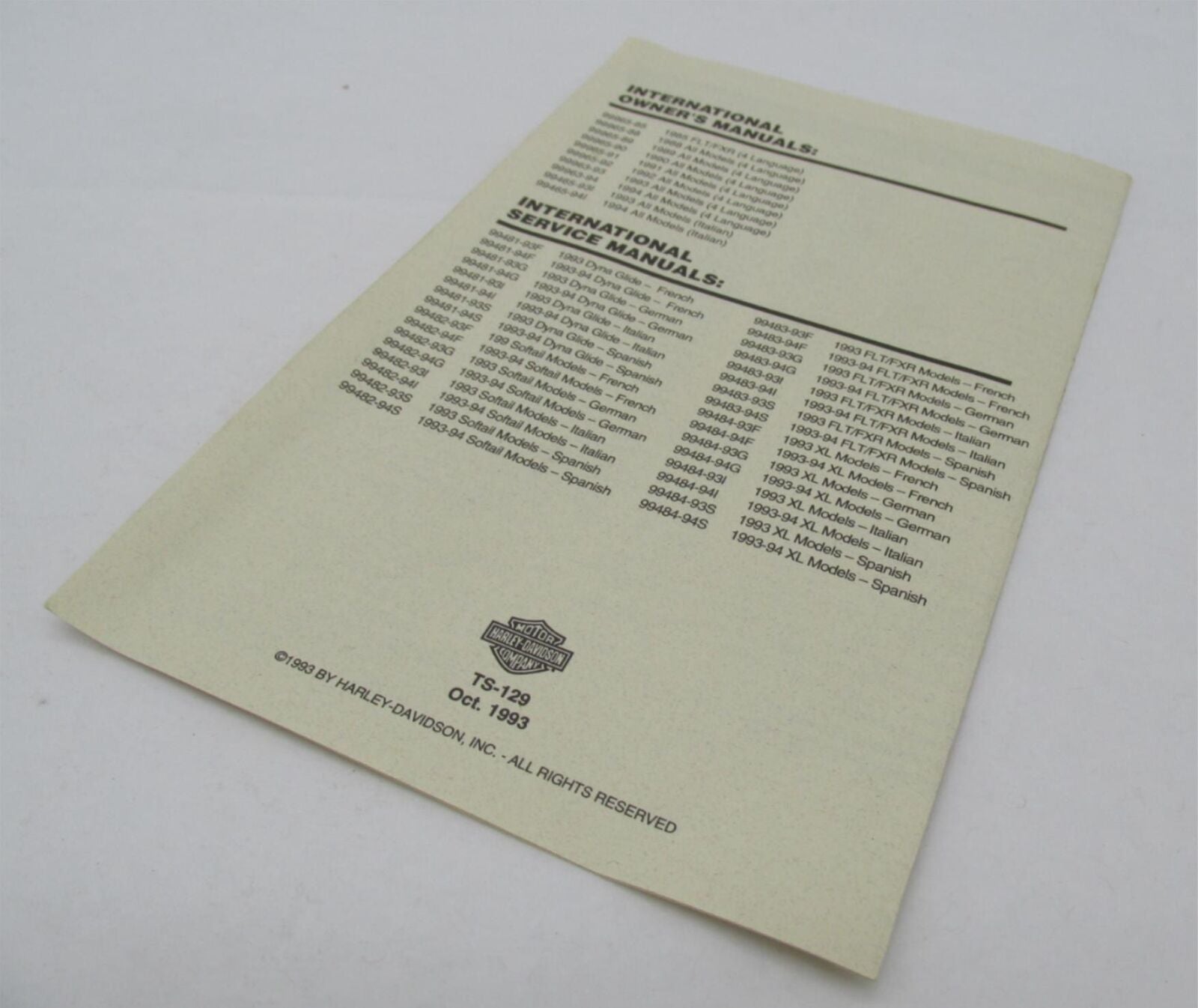 Harley-Davidson Genuine 1903-Present Technical Motorcycle Literature List TS-129