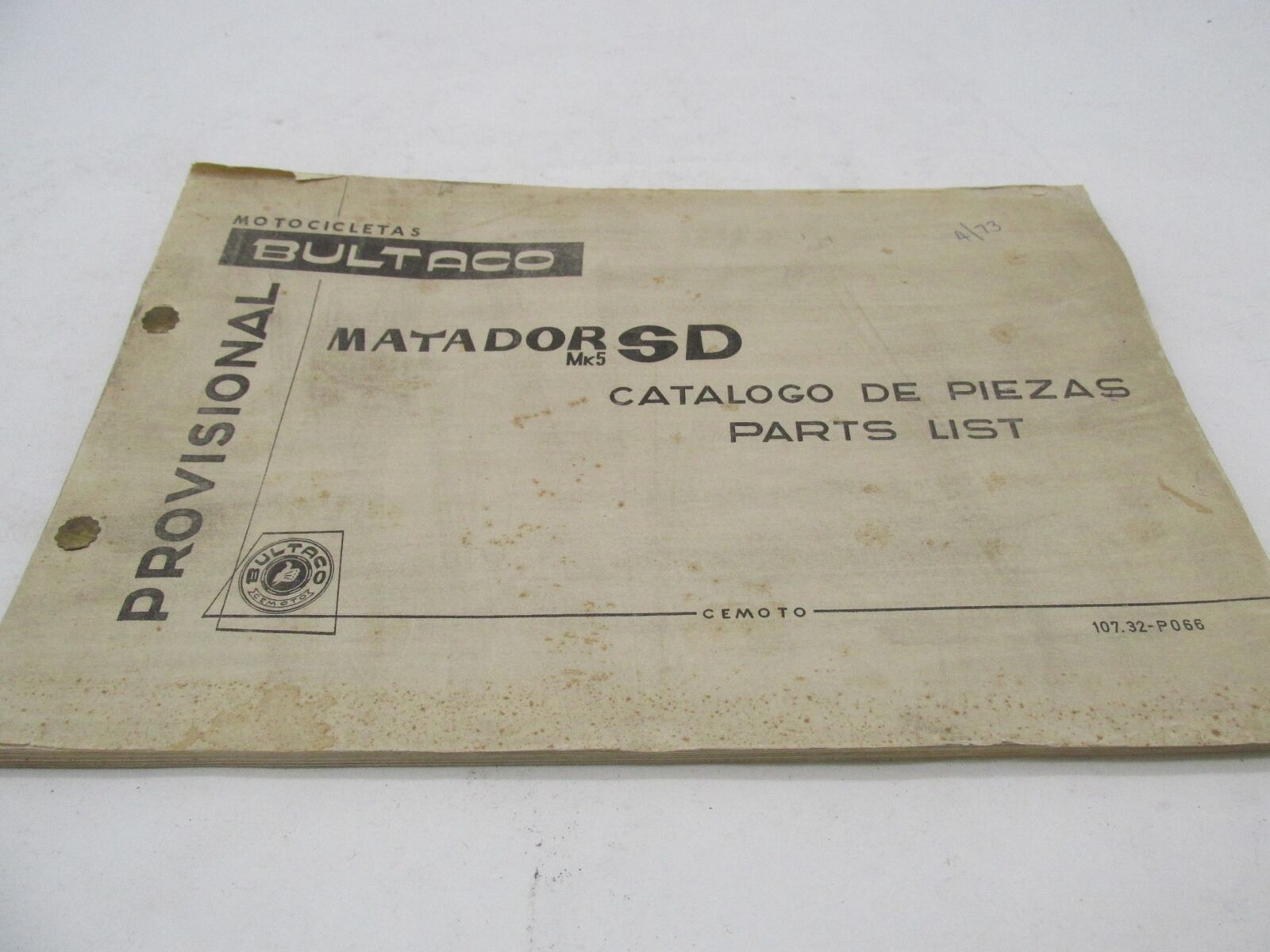 Bultaco 1972 Factory Provisional Matador MK5 Parts List Catalog 107.32-P066