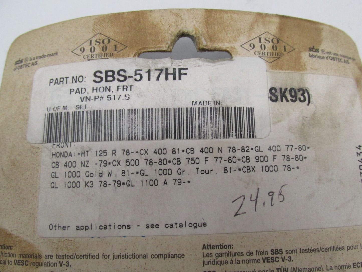 SBS NOS Ceramic Street Brake Pads Pad Set 517HF