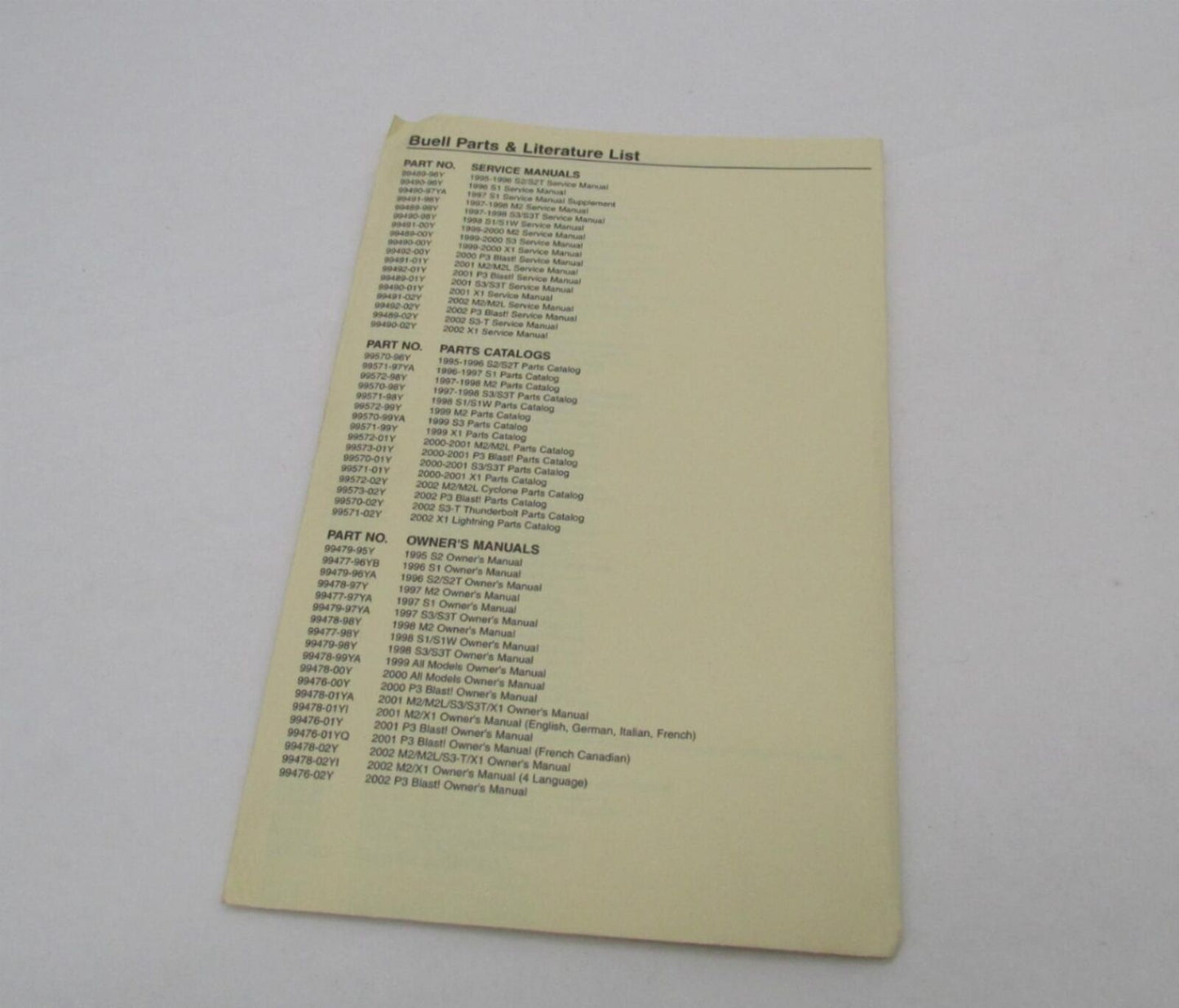 Harley-Davidson & Buell Genuine 2002 Service Literature List 99528-02