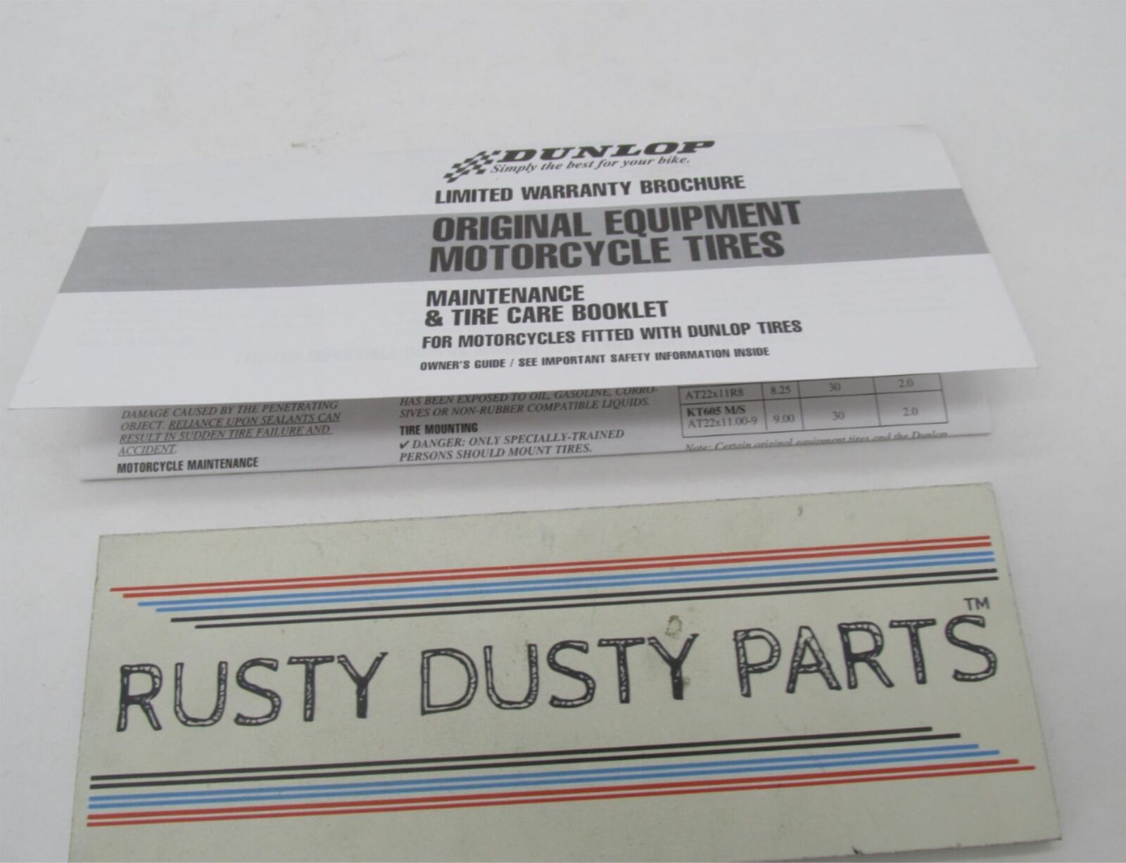 Harley OEM Dunlop Tires Limited Warranty Maintenance & Care Booklet Brochure