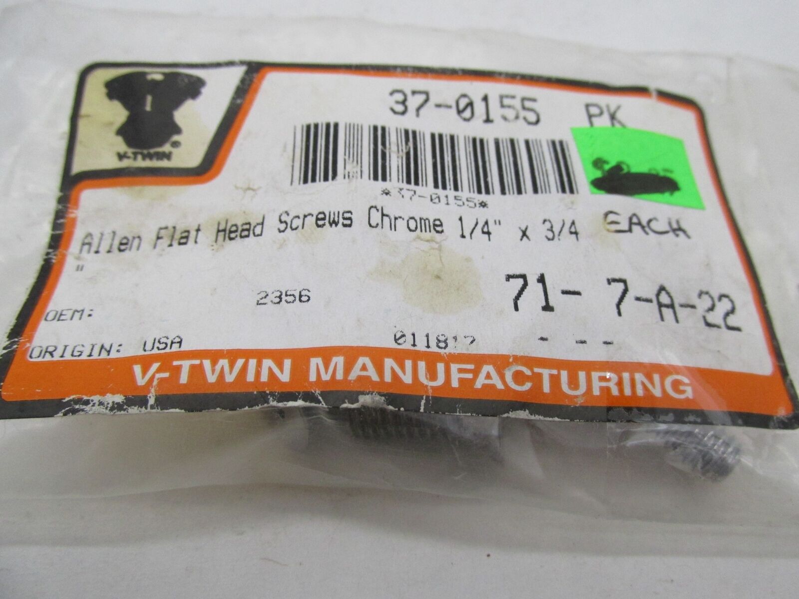 Lot of 9 Harley Davidson V-Twin Allen Flat Head Screws 1/4" x 3/4 37-0155 2356