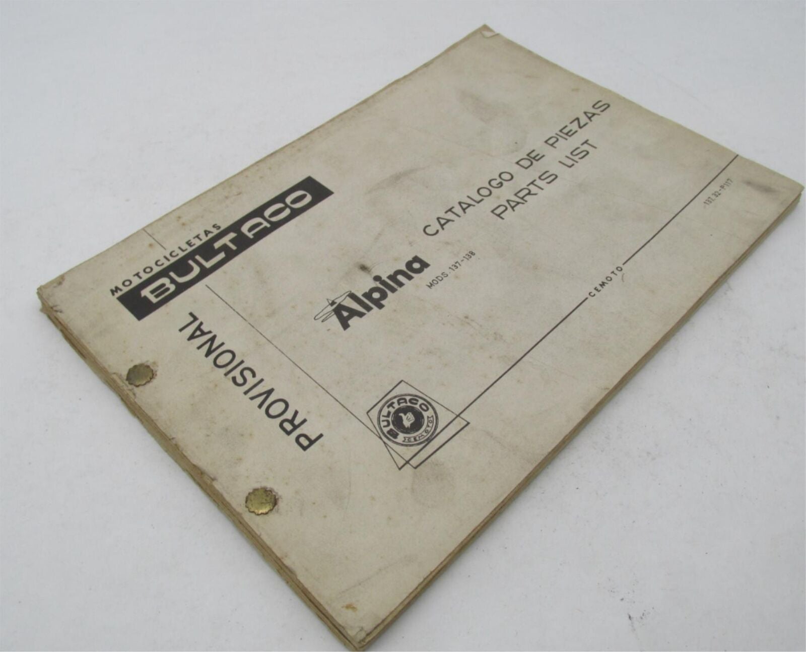 Bultaco Original Factory Provisional 1974 Alpina Parts Catalog List 137.32-117