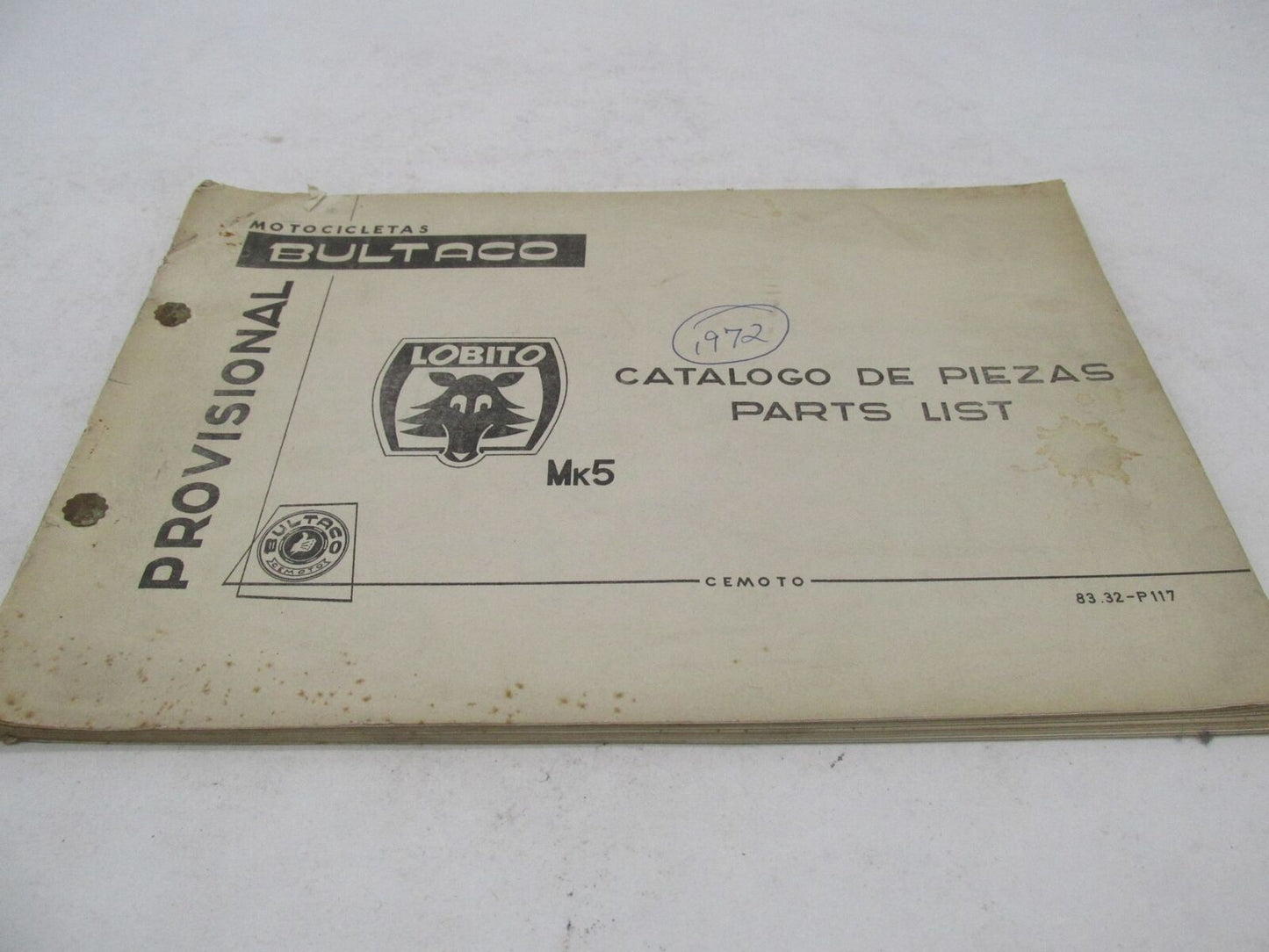 Bultaco Factory Provisional 1972 Lobito Mk5 Catalog Parts List Book 83.32-P117