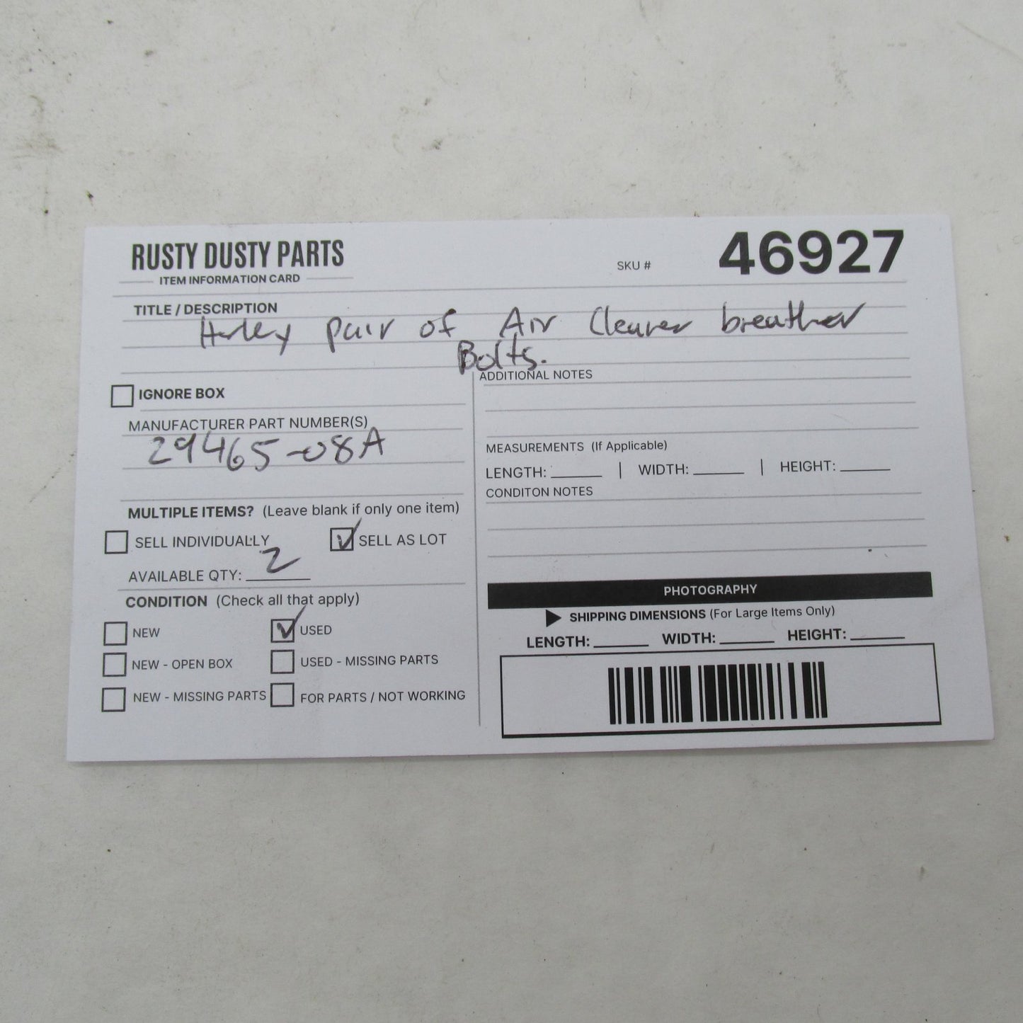Lot of 2 Harley Davidson OEM Air Cleaner Breather Bolts 29465-08A
