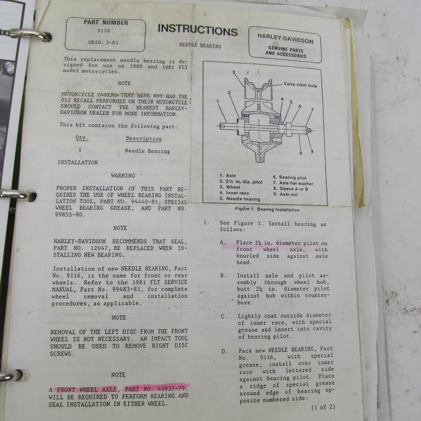 Harley Davidson Genuine 1980s-1990s Accessory Installation Instruction
