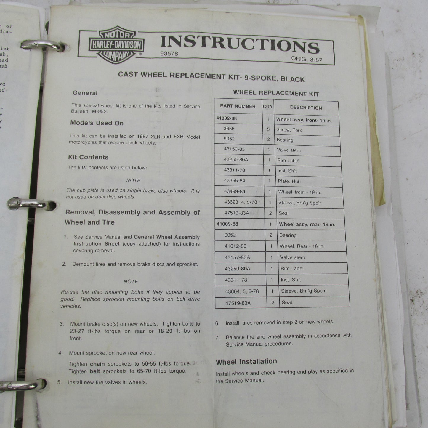 Harley Davidson Genuine 1980s-1990s Accessory Installation Instruction