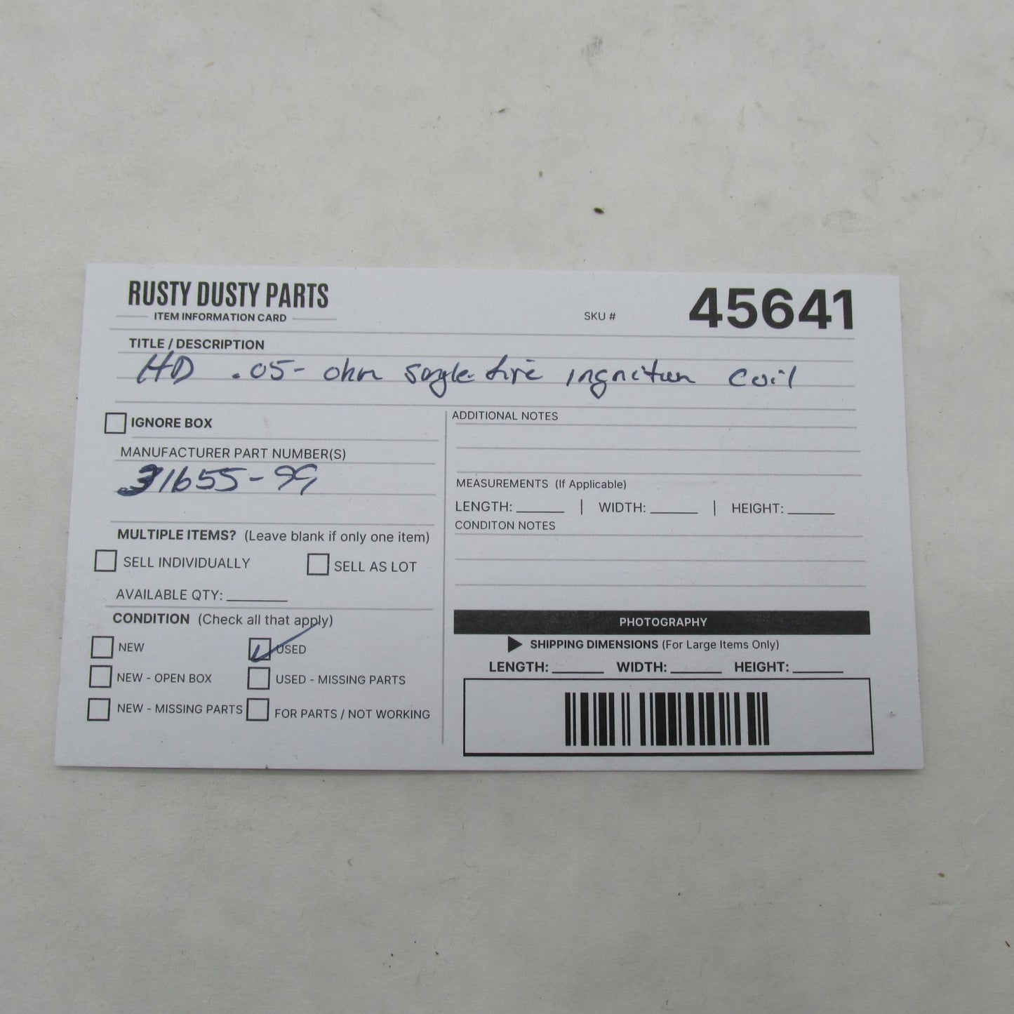 Harley Davidson OEM EFI .5-.6 Ohm Single Fire Ignition Coil 31655-99