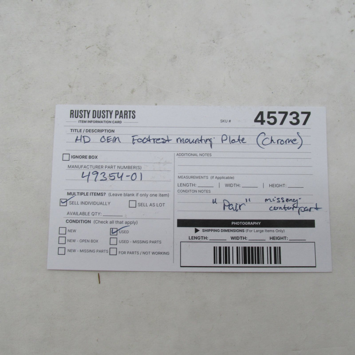 Pair of Harley Davidson OEM Chrome Footrest Mounting Plate 49354-01