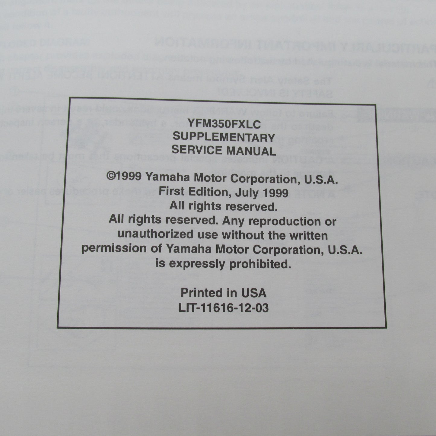 Yamaha YFM350FXLC Supplementary Service Manual LIT-11616-12-03