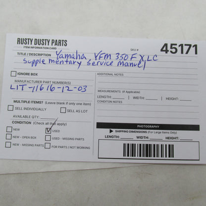 Yamaha YFM350FXLC Supplementary Service Manual LIT-11616-12-03